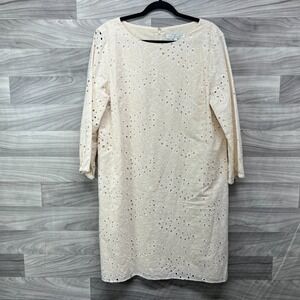 Preston & York Sheath Dress Women's Size 16 Beige 3/4 Sleeve Eyelet Embroidered